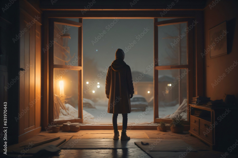 Image capturing a poignant moment as a person looks out from a window, bathed in the warm glow of a setting sun in december Image capturing a poignant moment as a person looks out from a window, bathed in the warm glow of a setting sun in december