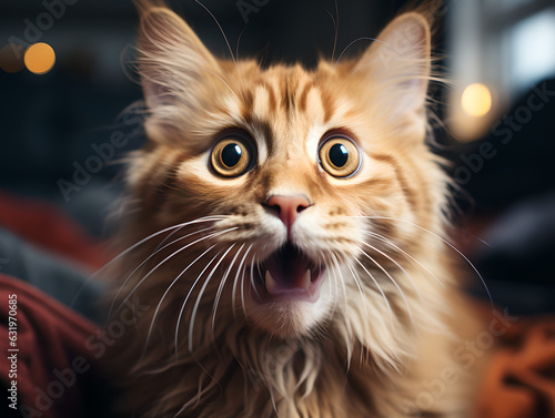 Close up of surprised yellow cat cinematic, portrait of cute yellow eyes kitten surprised looking at the camera