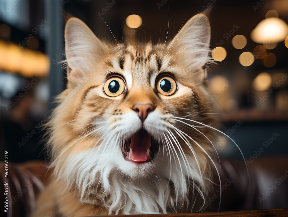 Close up of surprised yellow cat cinematic, portrait of cute yellow eyes kitten surprised looking at the camera