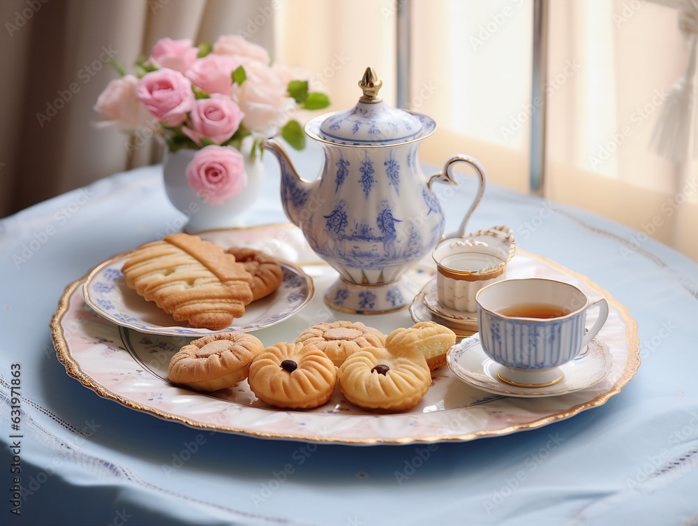 Tea set with cookies and teapot on blue tablecloth. generative ai Tea set with cookies and teapot on blue tablecloth. generative ai