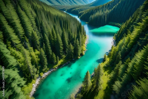mountain river in the forest, Scenic aerial view of the mountain landscape with a forest and the crystal blue river drone view