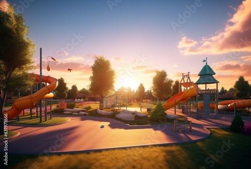 Children's recreation park with beautiful sunrise in the morning. generative ai © LivroomStudio