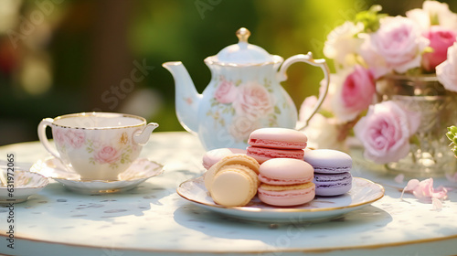 Cup of tea and macarons on a table in the garden. generative ai 
