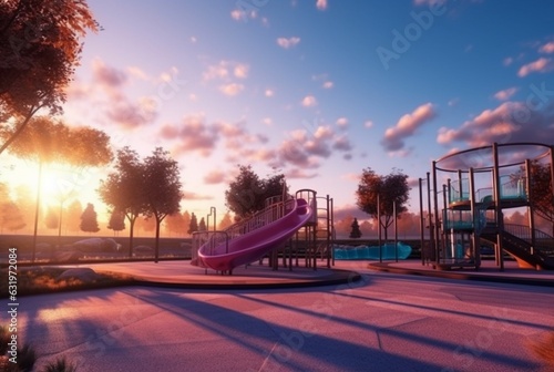 Children's recreation park with beautiful sunrise in the morning. generative ai