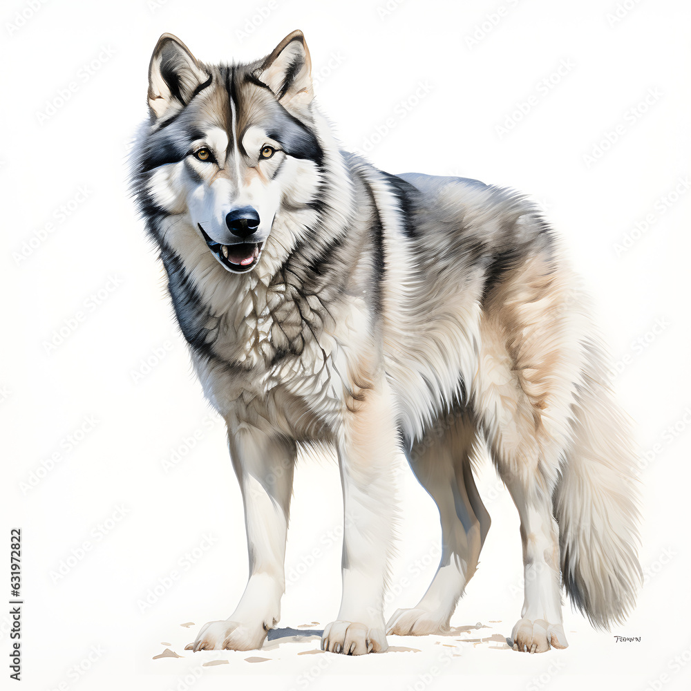 Brushstroke watercolor style realistic full body portrait of a Husky on white background Generated by AI 01
