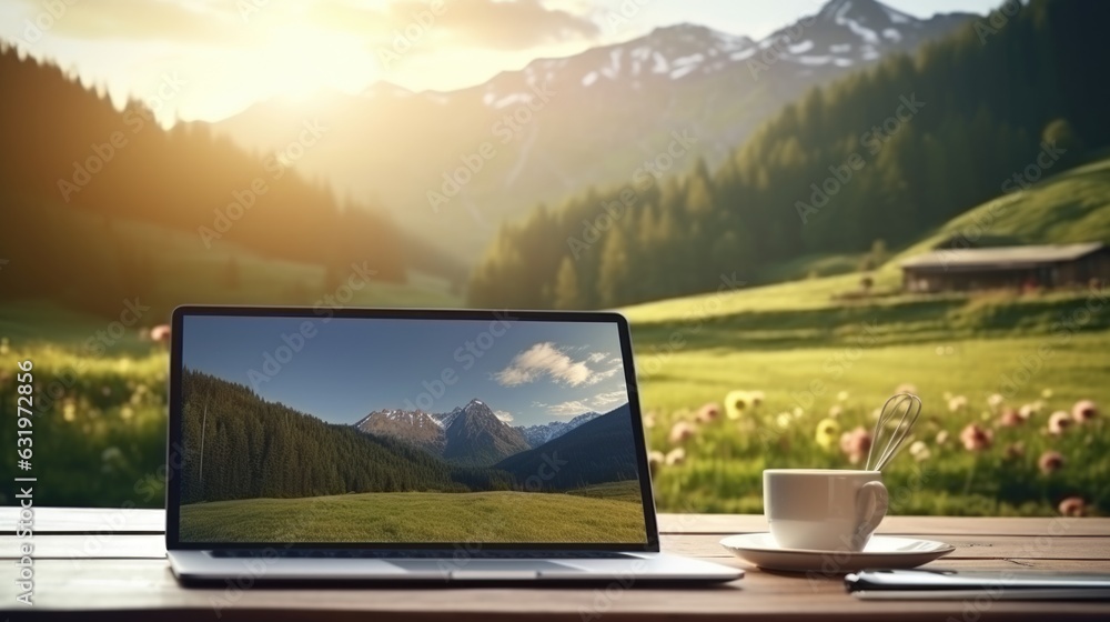 Fototapeta premium business laptop on outside desk of remote house at beautiful mountain range. 