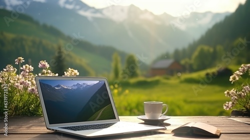 business laptop on outside desk of remote house at beautiful mountain range. 