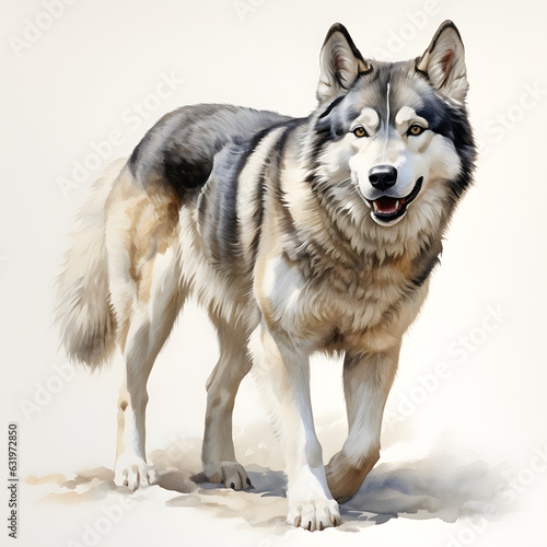 Brushstroke watercolor style realistic full body portrait of a Husky on white background Generated by AI 02