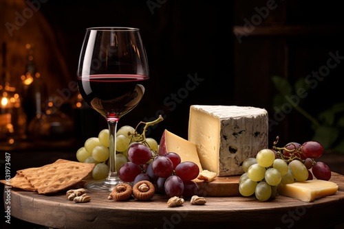 Glass Of Red Wine With Cheese And Grape, Generative AI