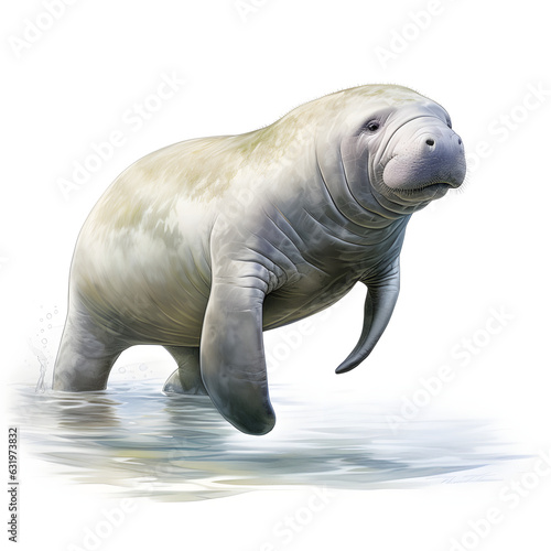 Brushstroke watercolor style realistic full body portrait of a manatee on white background Generated by AI 01 © 文广 张