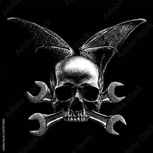 skull with bat wings on crossing wrenches hand drawing vector isolated on black background.
