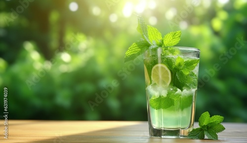 glass of fresh mint juice with mint leaves on wooden table with blurred sunlight background. generative ai