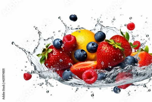 assorted fresh fruits with water splashes isolated on white background. generative ai