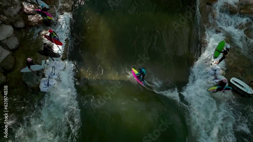 Salida Colorado aerial cinematic drone river surfing scout wave summer downtown S Lime Mill near Buena Vista on Arkansas River Riverside Park community rafting Rocky Mountain looking down up movement photo