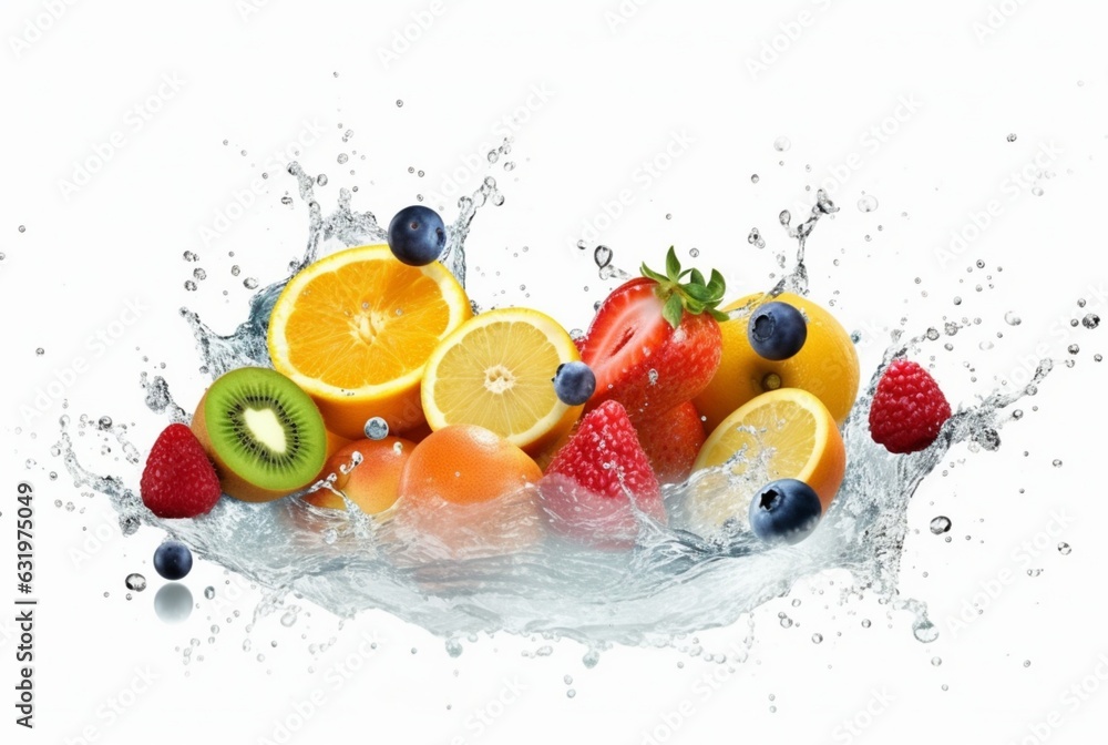 assorted fresh fruits with water splashes isolated on white background. generative ai - obrazy, fototapety, plakaty 