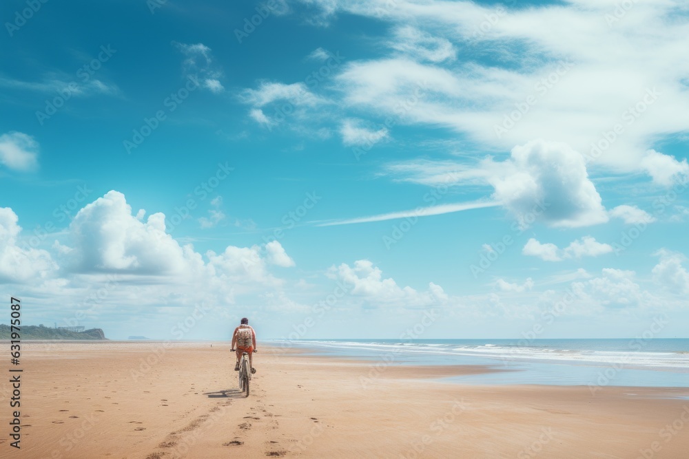 Cyclist Exploring A Peaceful And Empty Beach, Generative AI Cyclist Exploring A Peaceful And Empty Beach, Generative AI