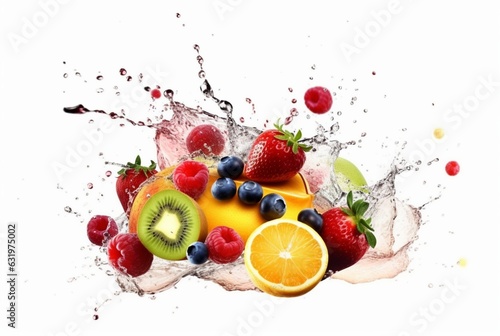 assorted fresh fruits with water splashes isolated on white background. generative ai