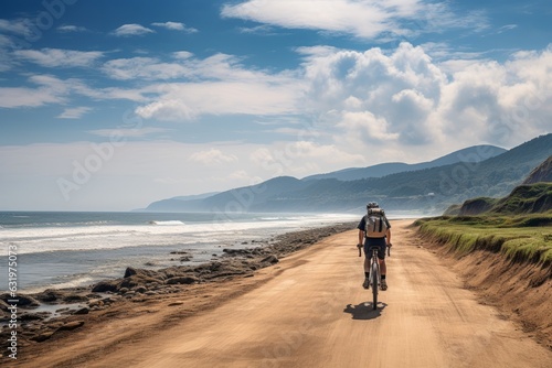 Cyclist Exploring A Peaceful And Empty Beach, Generative AI