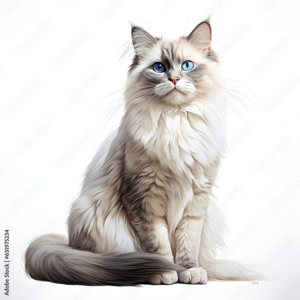 Brushstroke watercolor style realistic full body portrait of a Ragdoll Cat on white background Generated by AI 01