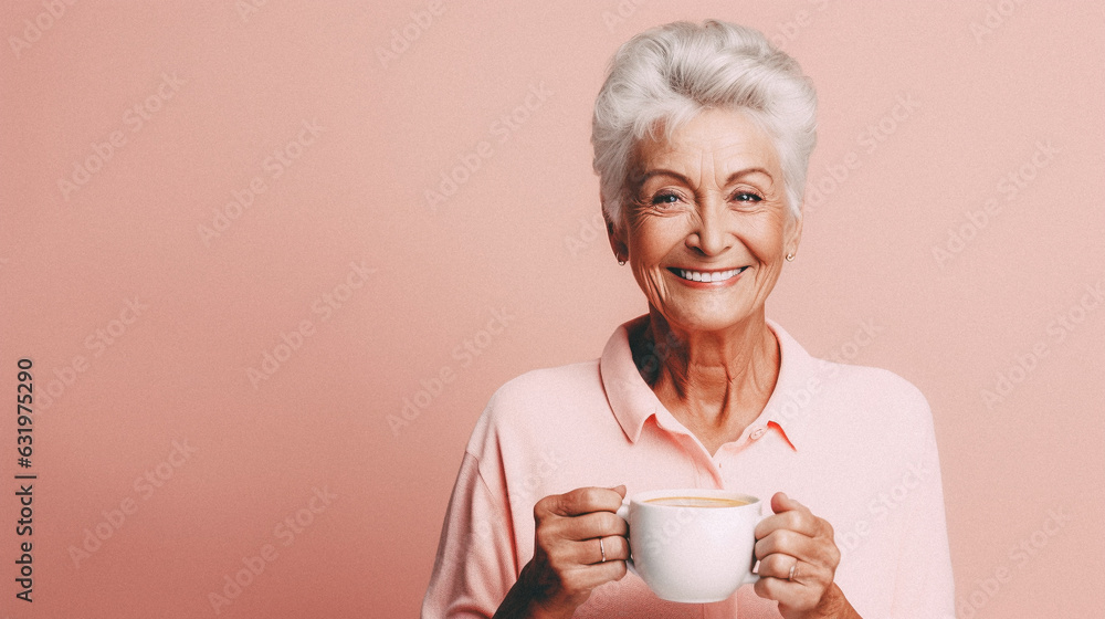 Happy old woman in isolated pastel color studio background Happy old woman in isolated pastel color studio background