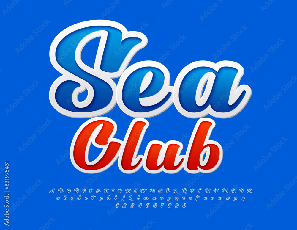 Vector recreational sign Sea Club. Handwritten modern Font. Blue set of