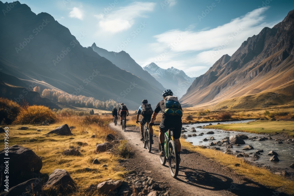 Group Of Cyclists Riding Through Mountain Range, Generative AI