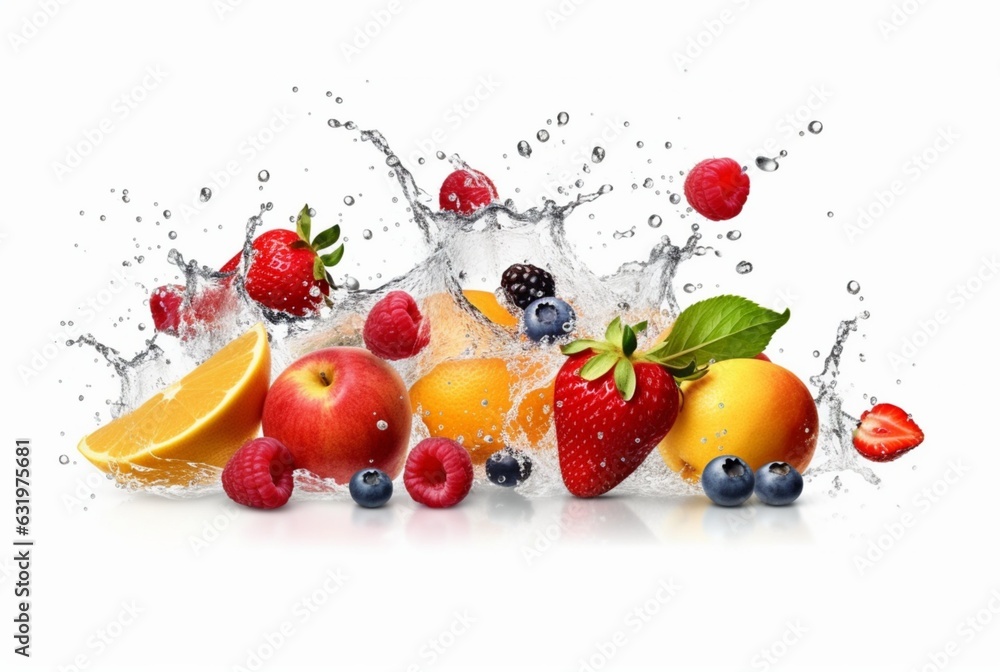 assorted fresh fruits with water splashes isolated on white background. generative ai assorted fresh fruits with water splashes isolated on white background. generative ai