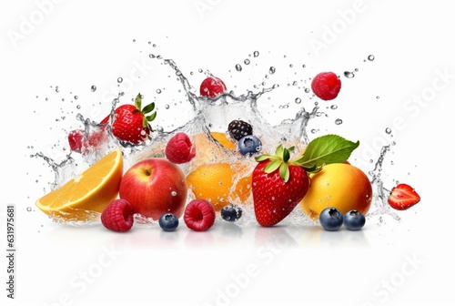 assorted fresh fruits with water splashes isolated on white background. generative ai