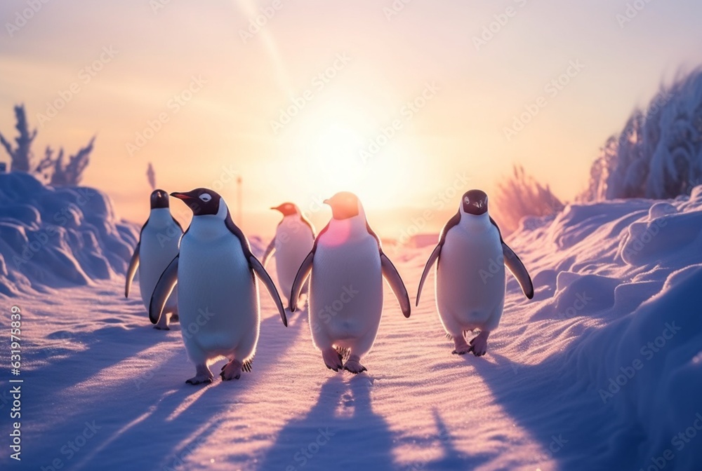 penguins playing in the snow with the beauty of the sunset. generative ai