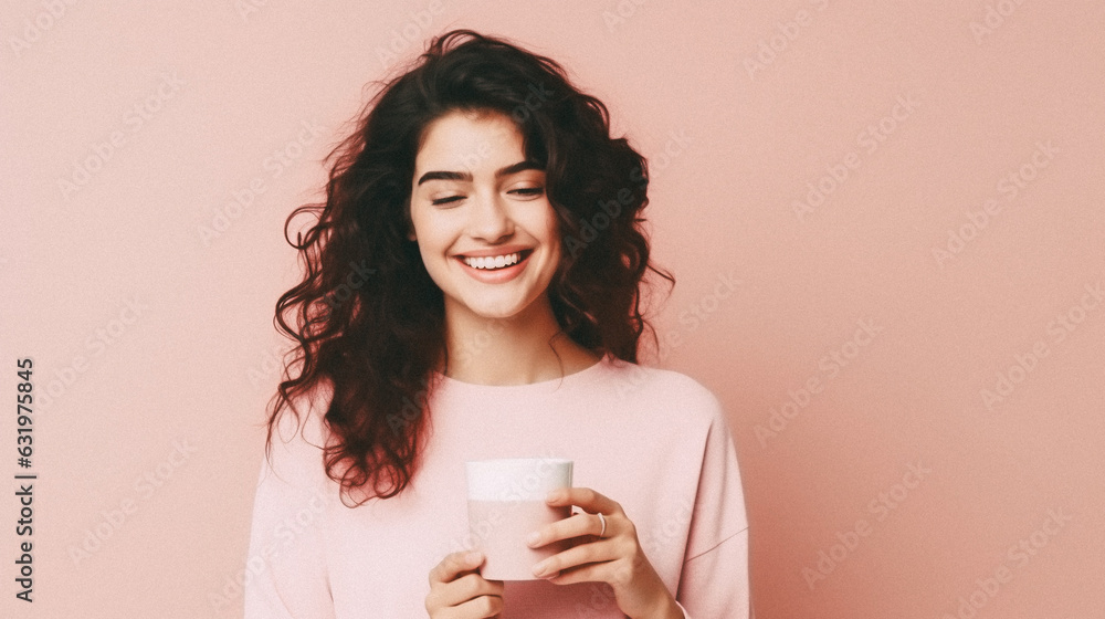 Happy woman in isolated pastel color studio background Happy woman in isolated pastel color studio background