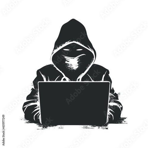 Man with hidden face at laptop. Hacker dark abstract body, covered with hood, online person not identified by name, unknown faceless user, incognito with evil intentions. hacker working on laptop.