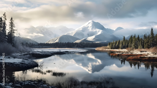 Snowy mountain summits reflecting in crystal clear mountain lake on a cold sunny day with blue sky and clouds