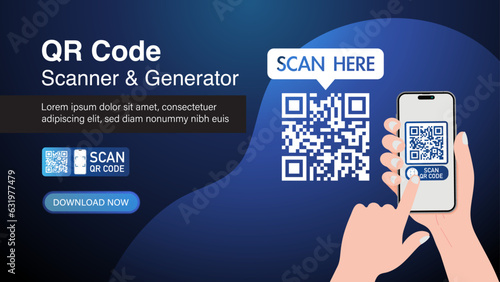 QR Code Scanner and Generator Concept. Scanning the QR code through a smartphone held by hand, verification QR code, hand-holding smartphone scans the QR code banner, vector banner barcode concept.