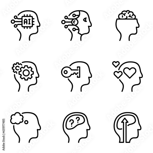 human head line icons set. psychology, thought, mental, mind, mindfulness, question, think, progress, imagination, intelligence, learn, thinking, brain, brainstorming, knowledge