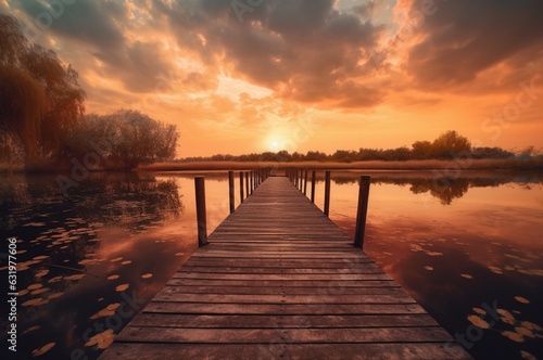 wooden bridge over the lake with beautiful sunset. generative ai