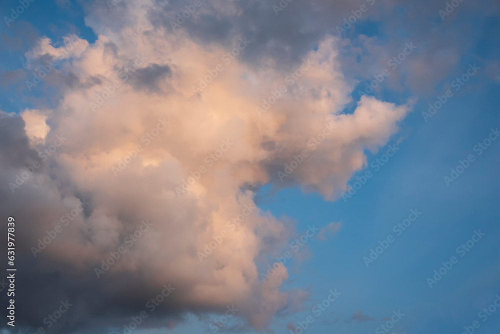 Blue sky fluffy white clouds on summer season bright clear skyline with beautiful cloudscape. Panorama blue sky clouds pattern on daylight with copy space. Cumulus cloudscape air climate sunny day