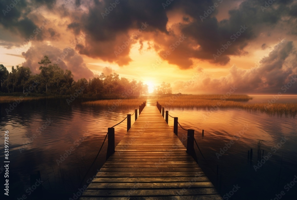 wooden bridge over the lake with beautiful sunset. generative ai