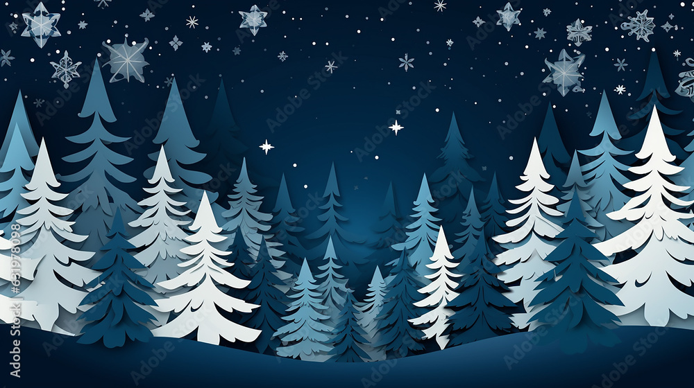 Winter Christmas background with cute paper fir tree. Winter Illustration Background. Generative AI
