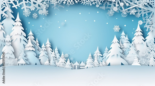 Winter and Christmas sale with snow and template background in Papercut style. Generative AI © Yellow