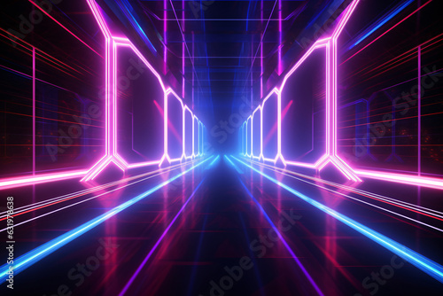 Neon light abstract background. Tunnel or corridor pink blue neon glow lights. Laser lines and LED technology create glow. Cyber club neon light stage room. Data transfer. Fast network.