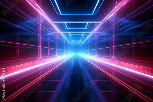 Neon light abstract background. Square tunnel or corridor neon glowing lights. Laser lines and LED technology create glow. Cyber club neon light stage room. Data transfer. Fast network. © Artinun
