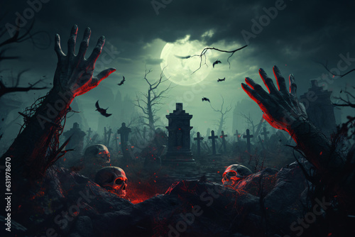 Zombie hands are rising from grave in spooky night. Halloween night background. Monster hand in cemetery graveyard. Horror scene of graveyard. Spooky and creepy graveyard. Scary night.