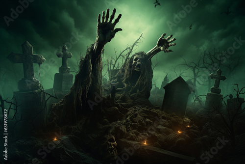 Zombie hands are rising from grave in spooky night. Halloween night background. Monster hand in cemetery graveyard. Horror scene of graveyard. Spooky and creepy graveyard. Scary night.