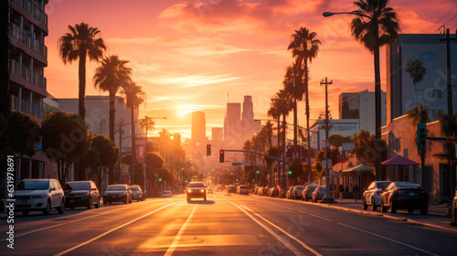 Los Angeles street in a pink light, sunset.  © piai