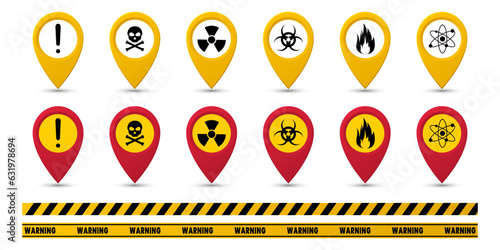 Pin location warning signs Flammable, Atomic, Radioactive, Biohazard, Toxic, Danger