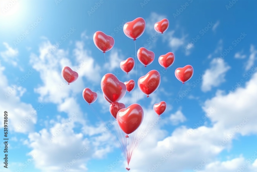 red love balloons in the air against a blue sky. generative ai red love balloons in the air against a blue sky. generative ai
