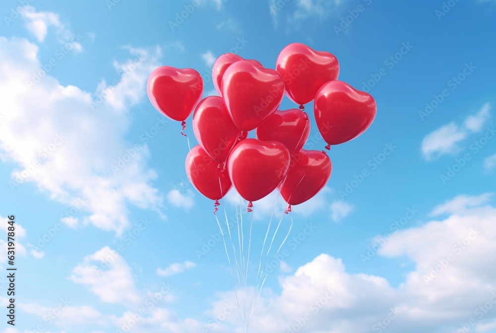 red love balloons in the air against a blue sky. generative ai red love balloons in the air against a blue sky. generative ai