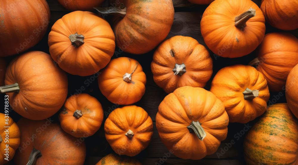 Colorful varieties of pumpkins and squashes. Autumn bottom border banner of pumpkins and fall decor on a rustic wood background with copy space. Halloween theme. generative ai Colorful varieties of pumpkins and squashes. Autumn bottom border banner of pumpkins and fall decor on a rustic wood background with copy space. Halloween theme. generative ai