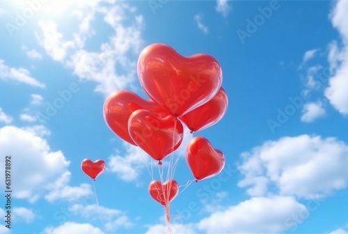 red love balloons in the air against a blue sky. generative ai