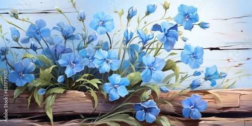 illustration of oil painting of beautiful blue lechenaultia bush on wooden fence, generative AI photo